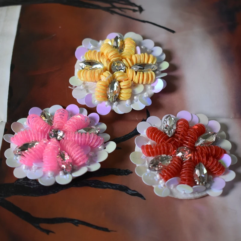 

Pink Yellow Red Handmade Rhinestone beaded Flower Patches Sew on Crystal patch for clothing beading Applique