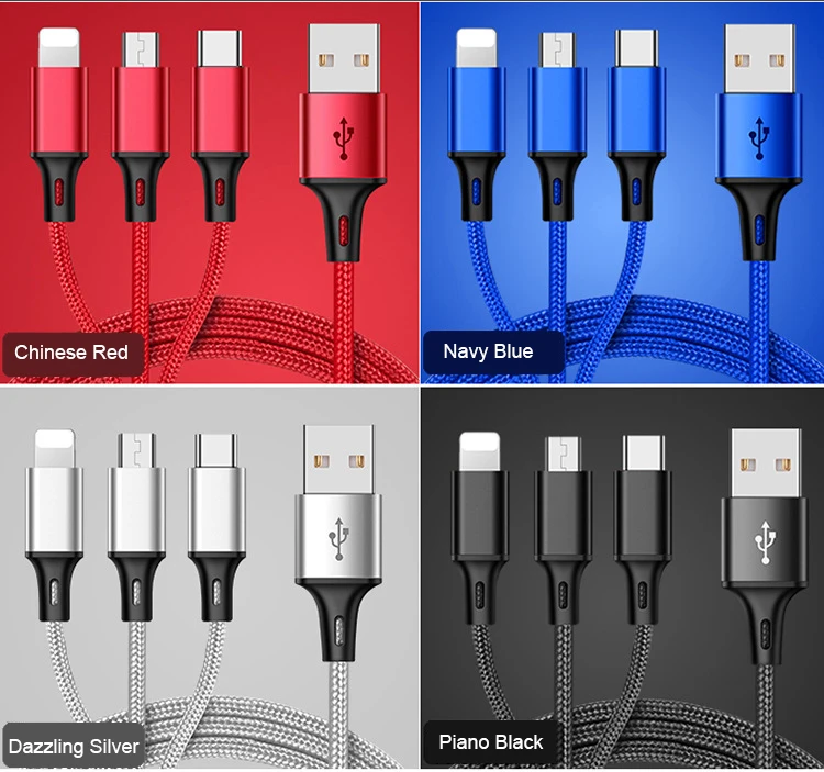 3 в 1 Micro/8 Pin/type C зарядный кабель в оплетке с тройным кабелем для передачи данных многофункциональная синхронная Зарядка для IPhone samsung