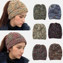 Женская шерстяная шапка, зимняя Мягкая вязаная шапочка с хвостом, повседневные шапочки с черепами, шапка для девочек, модная Хроматическая вязаная шапка