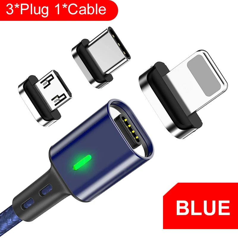 Магнитный usb-кабель 3А, Micro USB type-C кабель для быстрой зарядки samsung, кабель для синхронизации данных, для iphone 11 XS XR, Магнитный зарядный USB-C - Цвет: 3 Plug Blue