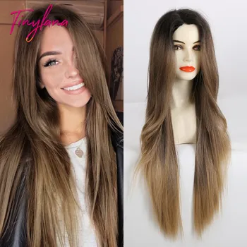 

TINY LANA Long Straight Ombre Brown Synthetic Lace Front Baby Hair Wig 150% Density Pre-plucked Side Part Heat Resistant Women