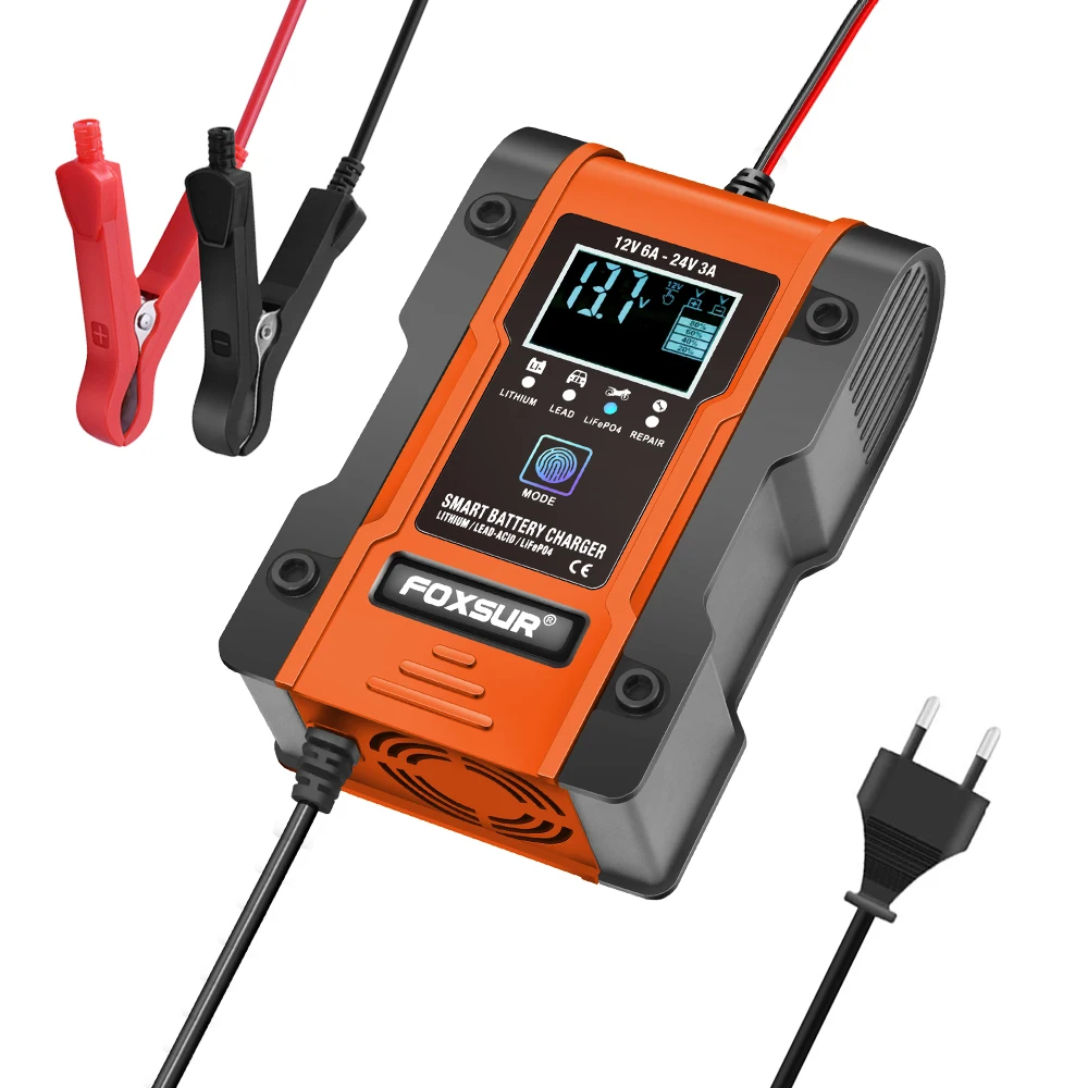 Truck Battery Charger Heavy Duty , FOXSUR 12V 6A 24V 3A Car Smart Battery Charger Fast Charge AGM LiFePO4 Lead-Acid Battery