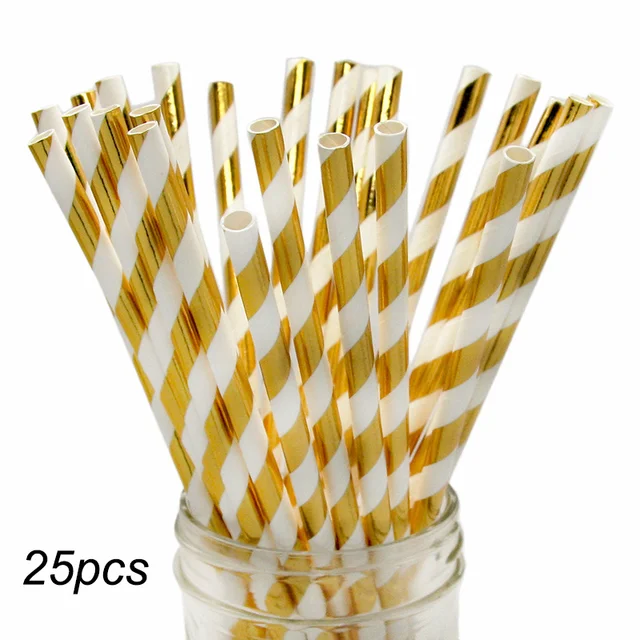1set Disposable Tableware Rainbow Color Round Flat Paper Cup Paper Towel Party Supplies Birthday Wedding Party Decoration 25 Golden straw