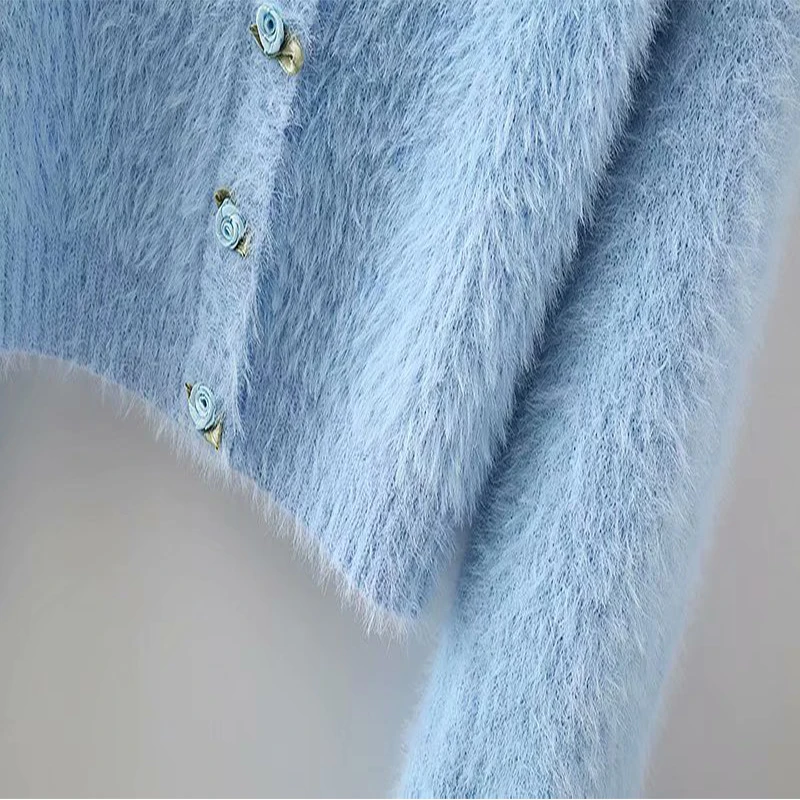 New Women Winter Blue O-Neck Plush Floret Knitted