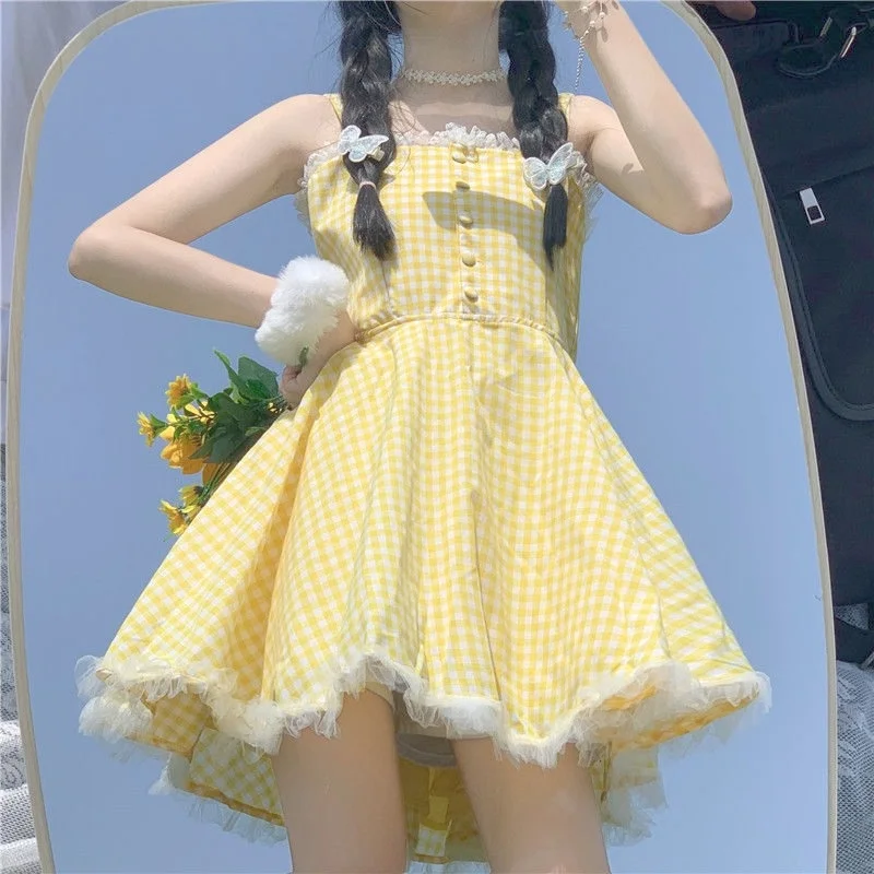 

Summer Kawaii Lolita Strap Dress Women Patchwork Lace Japanese Sweet Cute Mini Dresses Yellow Plaid Fairy Tale Casual Dress 2021