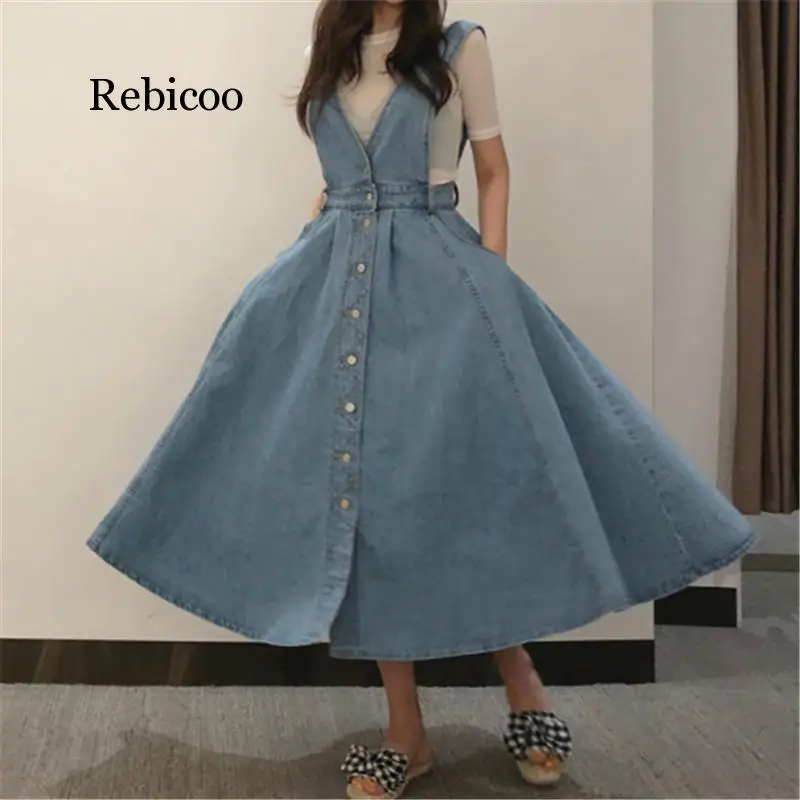 Rebicoo, женское джинсовое платье, модное однобортное джинсовое платье на бретельках, Женская туника с большим подолом, платье с открытой спиной, Vestidos
