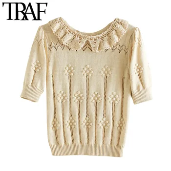 

TRAF Women Sweet Fashion Crochet Appliques Knitted Sweater Vintage O Neck Short Puff Sleeve Female Pullovers Chic Tops