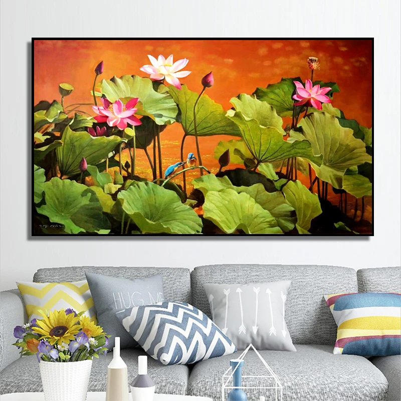 100% Hand Painted Realistic Lotus Pond Art Oil Painting On Canvas Wall Frameless Picture Decoration For Live Room Home Decor | Дом и сад