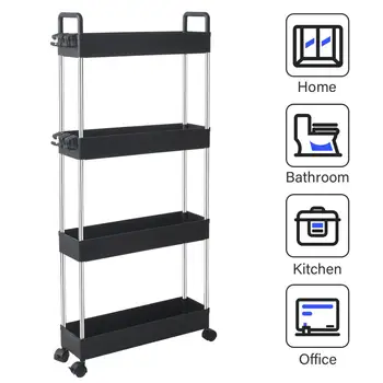 

4-Tier Rolling Storage Cart Black Mobile Shelving Unit Bathroom Carts With Handle And Wheels For Kitchen Bathroom Laundry Room