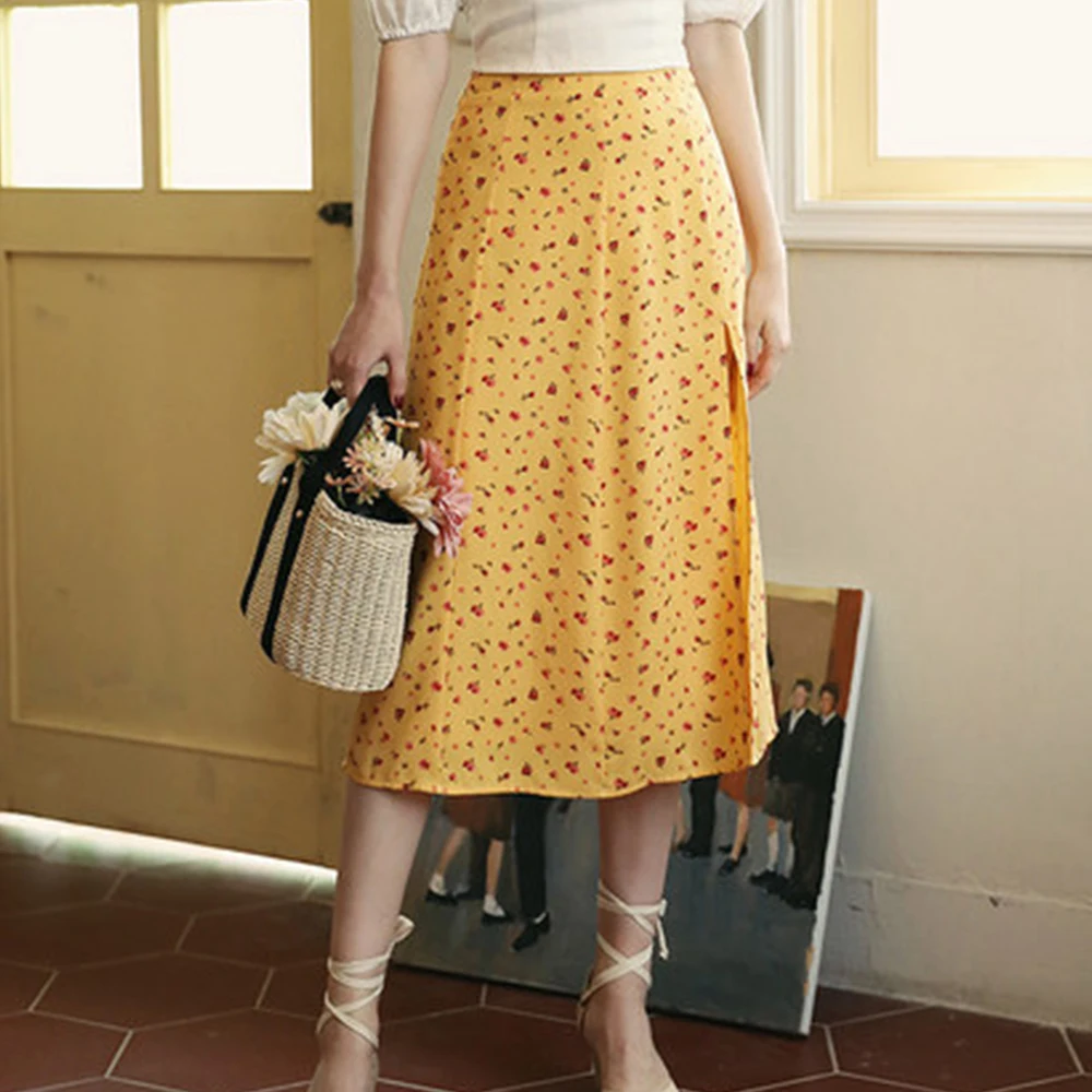

New Fashion Women's High Waist Yellow a-line skirt women 2020 new autumn temperament floral side slit mid-length French skirt