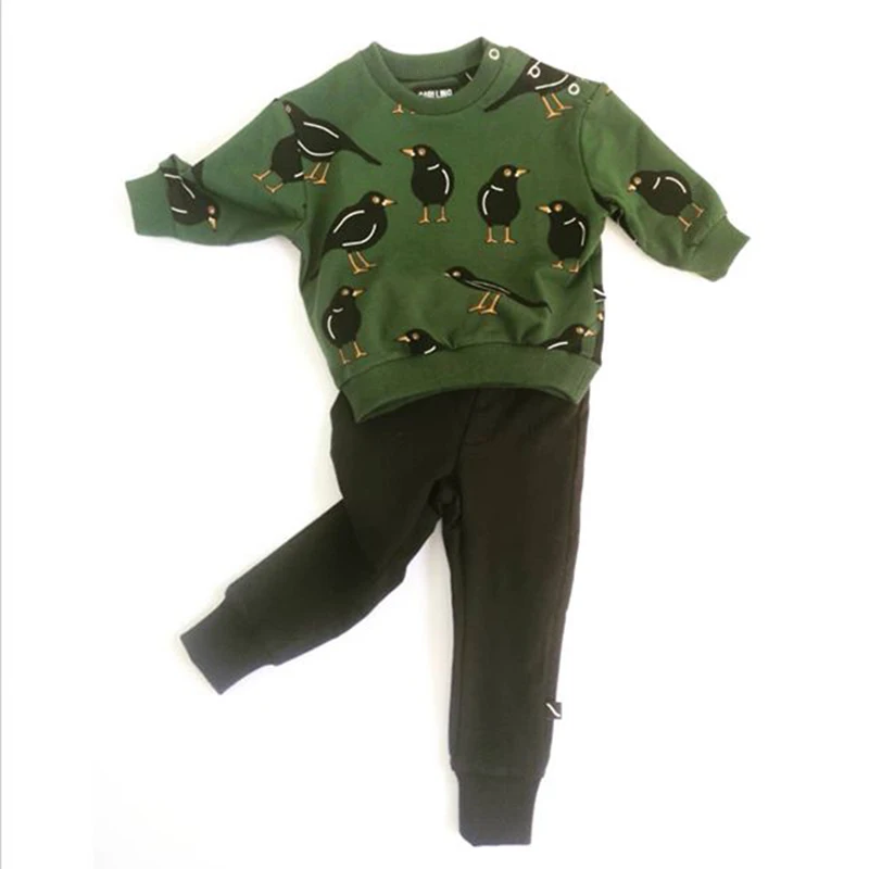 Брендовая детская толстовка и штаны модные топы для маленьких мальчиков с изображением птиц и деревьев, модные осенне-зимние топы для девочек, зимняя одежда для малышей
