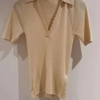 

2020 New Women Sweater Ladies Deep V Sexy Slim Pullover Bottoming Shirt Short Sleeve Top Turn Down Collar