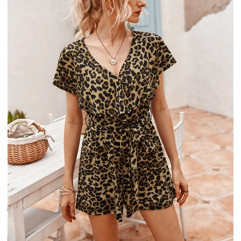 

Leopard Print Jumpsuit Women Rompers Summer Ruffle Short Jumpsuit Elegant V Neck Casual Sexy Jumpsuit XL Size Khaki