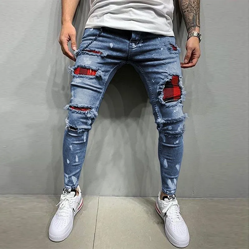 New Men's Skinny Ripped Jeans Fashion Grid Beggar Patches Slim Fit