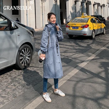 

2020 Spring Fall New Solid Color Casual Korean Hooded Loose Overcoats Plus Size Simple Drawstring Wasit Women Trench Coat