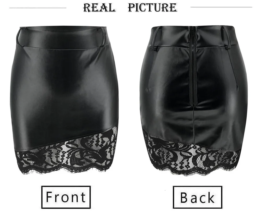 Женская юбка из искусственной кожи на бедрах, Лоскутная юбка миди на молнии, кружевная юбка, осенняя и зимняя облегающая Черная Женская юбка, элегантная