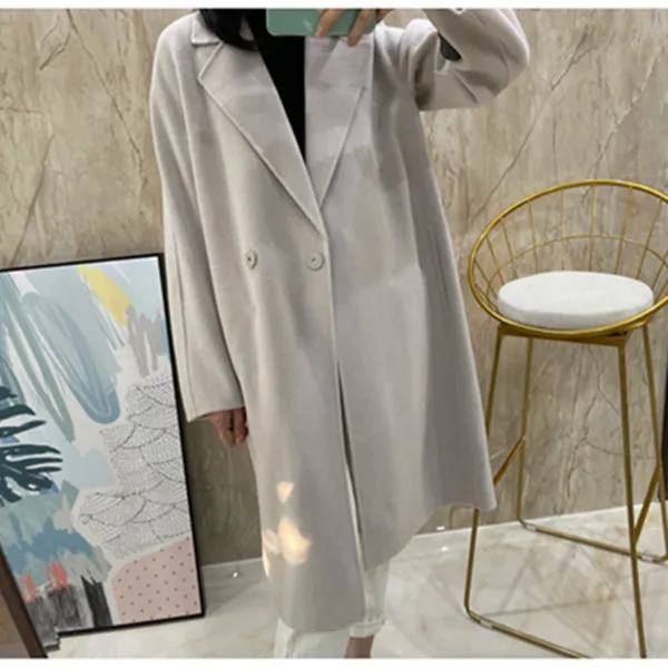 

Women's Wool Long Coat Turn-down Collar Cover Button Loose Casual Lady Jacket with Pockets