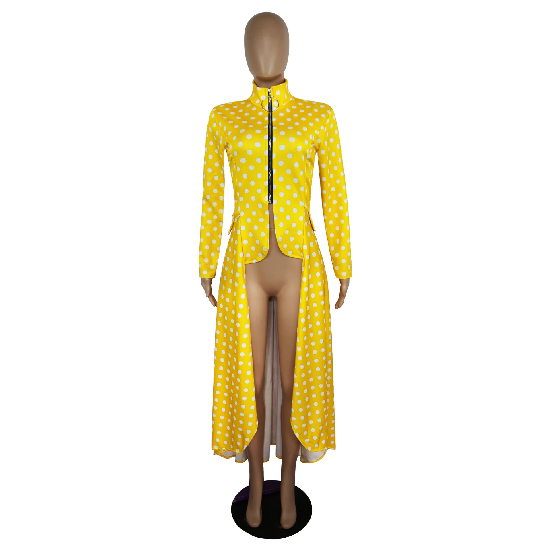 Spring And Summer New Style Hot Selling Long Sleeve High Collar Slim Fit Zipper Long Skirts Fake Pocket Irregular Dress