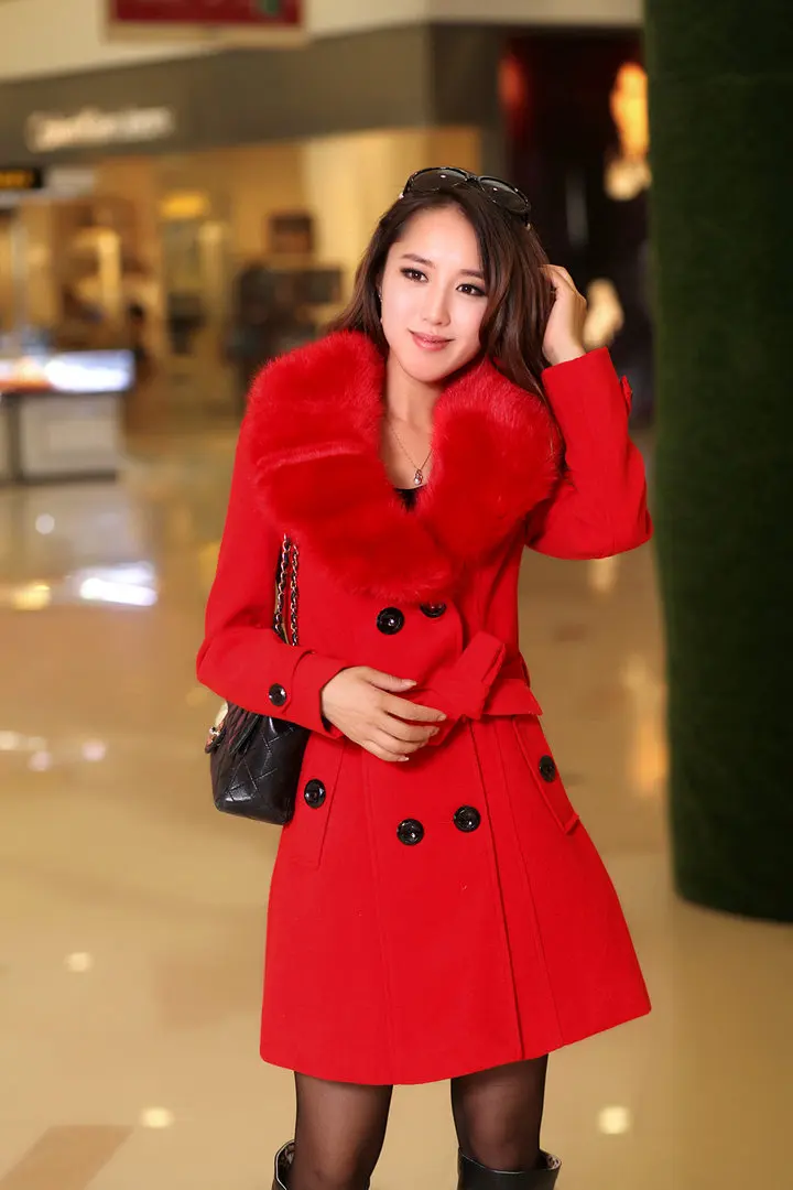 Шерстяная куртка Корейская версия большого размера, шерстяная ветровка средней длины с большим меховым воротником, осенне-зимняя модная шерстяная Верхняя одежда с поясом 953 - Цвет: red