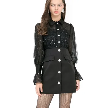 

Summer Women Party Dress Elegant Korean Fashion Diamonds Button Sexy Perspective Vintage Mesh Sequined Long Sleeve Black Dress
