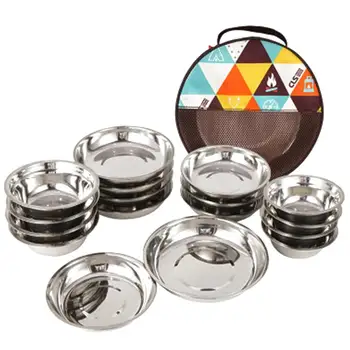 

1 Set 17Pcs Barbecue Plates Bowl Tableware Set Stainless Ste Camping Mess Outdoor Travel Tableware Plates Bowl With Storage Bag