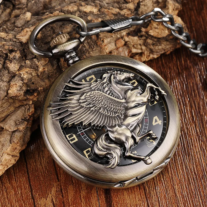 Vintage Unique Bronze Horse Mechanical Pocket Watch Men FOB Chain Hollow with Wing Pegasus Design Steampunk Watches | Наручные часы