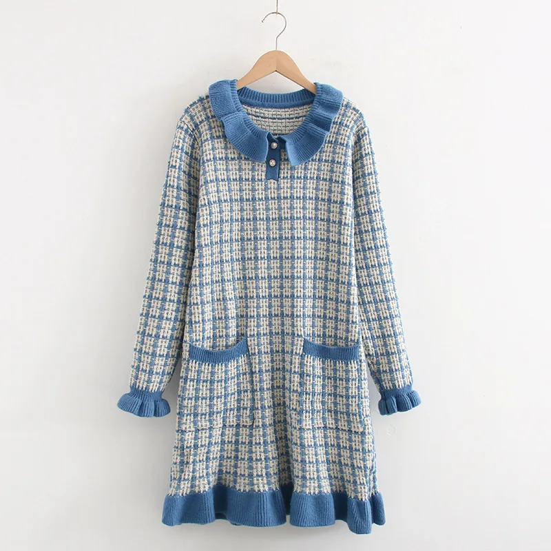 

Autumn New Style Korean-style Flounced Mid-length Sweater Dress Women's Long-sleeved Pullover Plaid Jersey Dress S29002