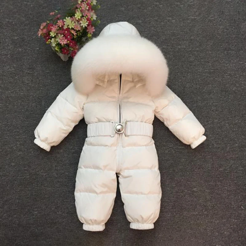 White Fox White Теплые Комбинезоны для детей; меховая толстовка с капюшоном; пуховые комбинезоны для мальчиков; зимние детские комбинезоны для девочек; комбинезон унисекс с длинными рукавами; детский зимний комбинезон - Цвет: White Fox White