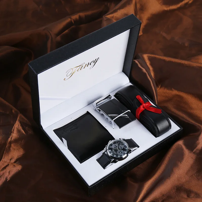

3 Pieces Watch Gift Set Men Genuine Leather Automatic Buckle Leather Belt + Watch + Wallet Gift Gift