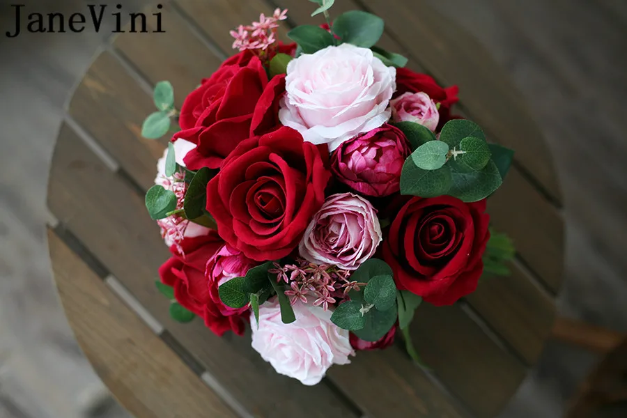JaneVini Ramo Novia Rosa Красные Розовые розы искусственный букет невесты Свадебные цветы для невесты Брошь аксессуар