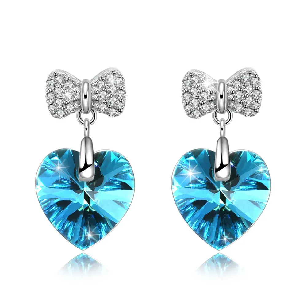 

Blue Love Crystal Stud Earrings Love Diamond Styling Bow Earrings Royal Blue Exquisite Girl Sterling Silver Jewelry