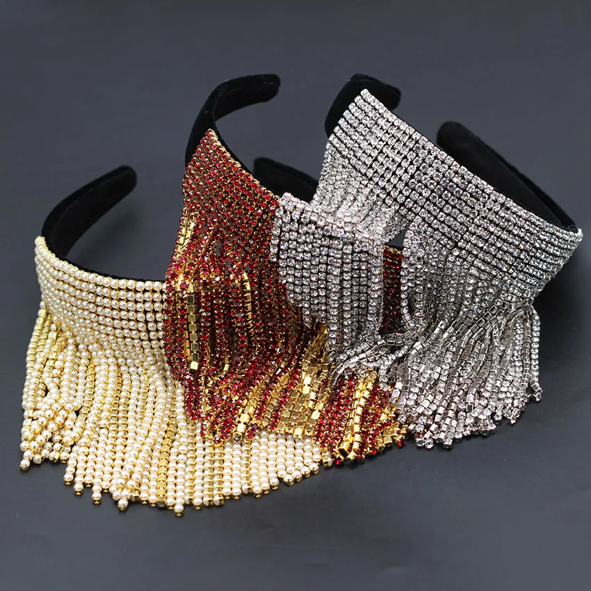 

Pearl color rhinestone tassel headband New Baroque exaggerated fashion temperament rhinestones pearl strips tassel headband 701