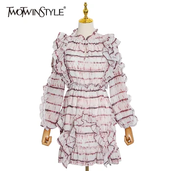 

TWOTWINSTYLE Patchwork Ruffle Striped Dress For Women Stand Collar Lantern Sleeve High Waist Hit Color Elegant Dresses Female