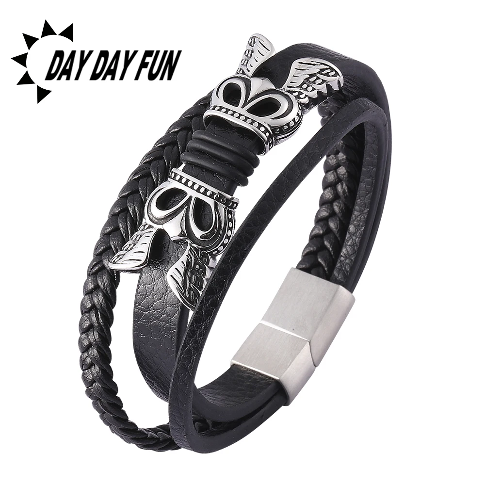 

New Creative Black Multi-Layer Leather Bracelet Men Fashion Jewelry Magnetic Buckle Unisex Wrist Band Wholesale E0447