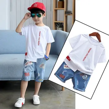 

2020 Summer Children Clothing Boys Set 4 6 8 9 10 12 Years Short Sleeve Letter Shirt Jeans Shorts Teenage Kids Boy Set 2 Colors