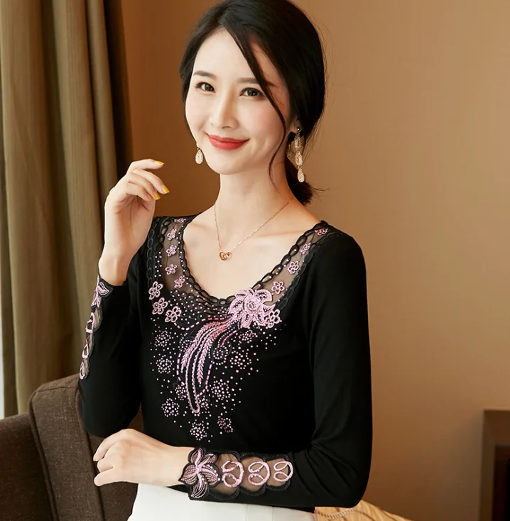 Dingaozlz M-4XL осень новые женские топы модная вышитая рубашка с длинным рукавом цветок алмаз леди футболка блузка большого размера - Цвет: Black pink