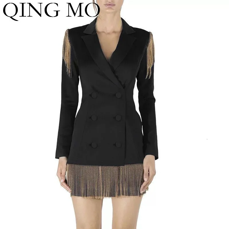QING MO однотонное осеннее женское платье с кисточками двубортное v-образным