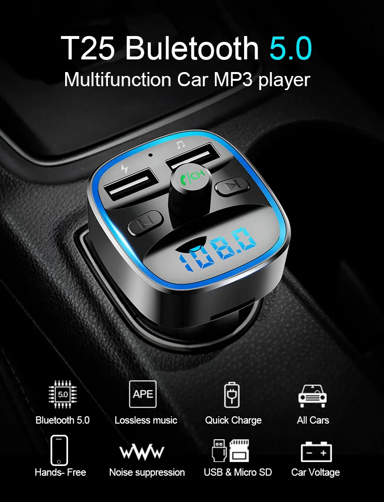 Fm-передатчик модулятор Bluetooth 5,0 Handsfree автомобильный комплект автомобильный аудио mp3-плеер W/Dual USB Автомобильное зарядное устройство TF U диск плеер