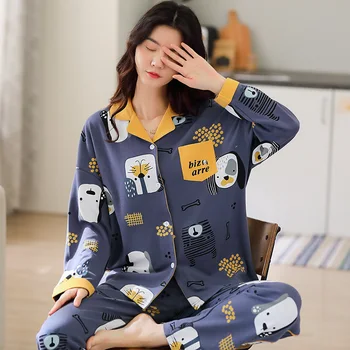 

Caiyier 2020 Cartoon Color Print Pajamas Set Women Long Sleeve Sleepwear Turn-down Collar Casual Nightgown Autumn Winter pyjamas