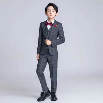 

YuanLu New Boys Suits Wedding Party Blazer Jacket Kids Suits Formal Costume Lattice Children Clothes British Style Elegant Gray