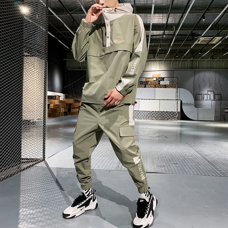 

Men's Hooded Jacket+Pants 2PC Sets mal Workwear tide card loose Pullover front pocket coat& Long Pants mal Clothing 2019 NEW
