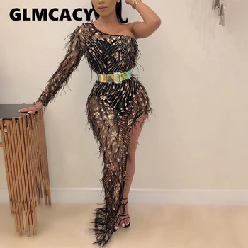 

Women Fall Winter Bodycon Long Maxi Dress Feather Insert See-through Sexy Beading Club Night Party Dress