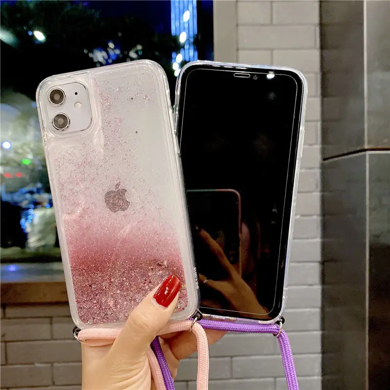 Sequins Quicksand Rope Case For iPhone 12 mini 11 Pro Max XR X XS Max 8 7 6 6S Plus 5 5s SE Lanyard Dynamic Liquid Glitter Cover iphone 8 plus phone case