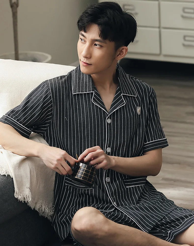 Summer Pure Cotton Short Pajamas Men Sleepwear Striped Fashion Home Clothes Short Pijama Hombre PJ Cotton Pyjama Homme Plus Size