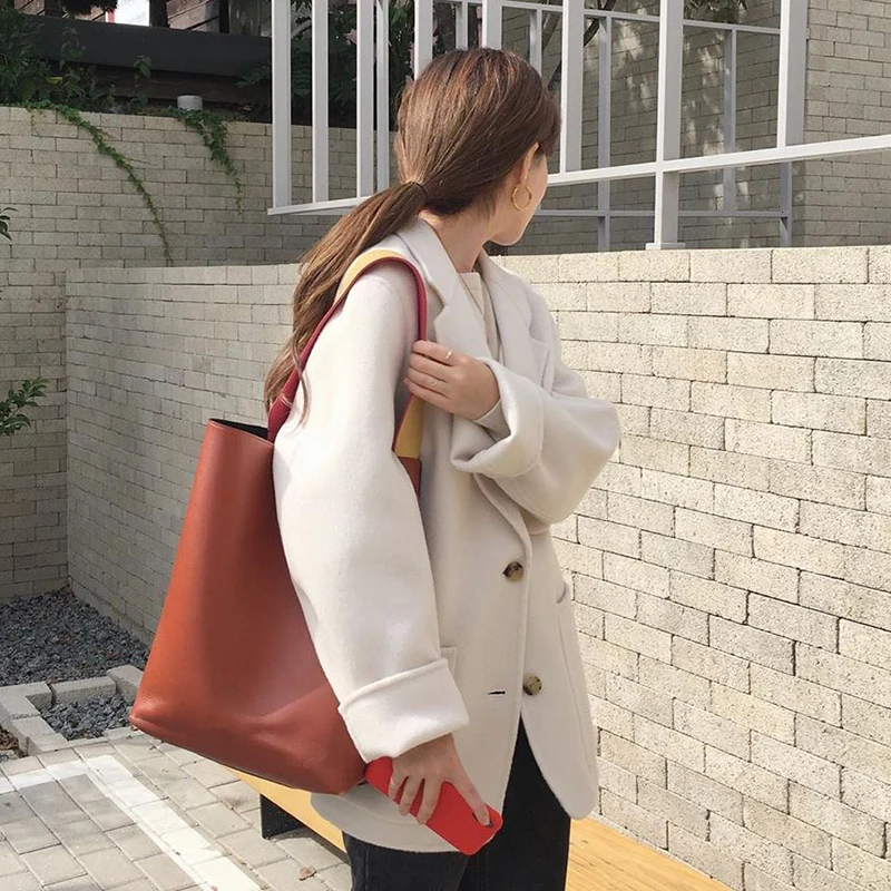 GALCAUR Korean Wool Coat For Female Lapel Collar Long Sleeve Pocket Oversize Casual Women's Coats Autumn Winter Fashion New