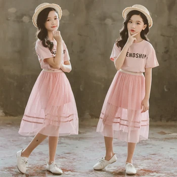 

2020 Summer Kids Girl Clothes Set Short Sleeve Letter Print Cotton T-shirt+Mesh Skirts 2Pcs Casual Outfits 5 6 7 8 10 11 12 YEAR