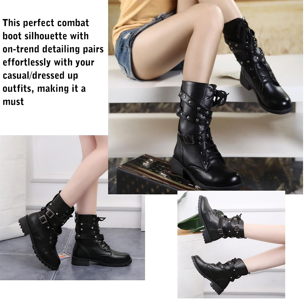 Günstige Frauen Leder Mitte Wade Stiefel Vintage Spitze Up Gürtel Armee Punk Gothic Motorrad Stiefel Runde Kappe Herbst Winter Schwarz kampf Stiefel
