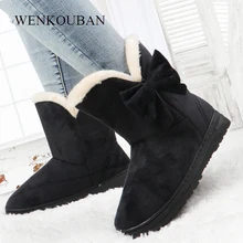 Зимние ботинки; женские ботильоны на меху щиколотки с бантом; женская плюшевая обувь на платформе; теплые Черные слипоны с бабочкой; botas mujer invierno;