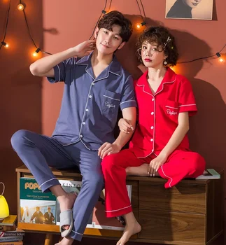 

Couple Pajamas Sets Plus Size 4XL 5XL Sleepwear Men Homeclothes Short Sleeve Long Pants Male Loose Elastic Women Pajamas Set