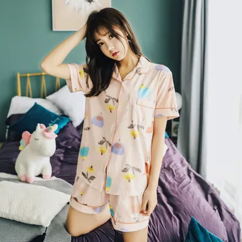 

Summer Cute Graffiti Lapel Ladies Home Clothes 2020 Comfortable Cotton Short-sleeved Cardigan Pajamas Women's Shorts Night Suit